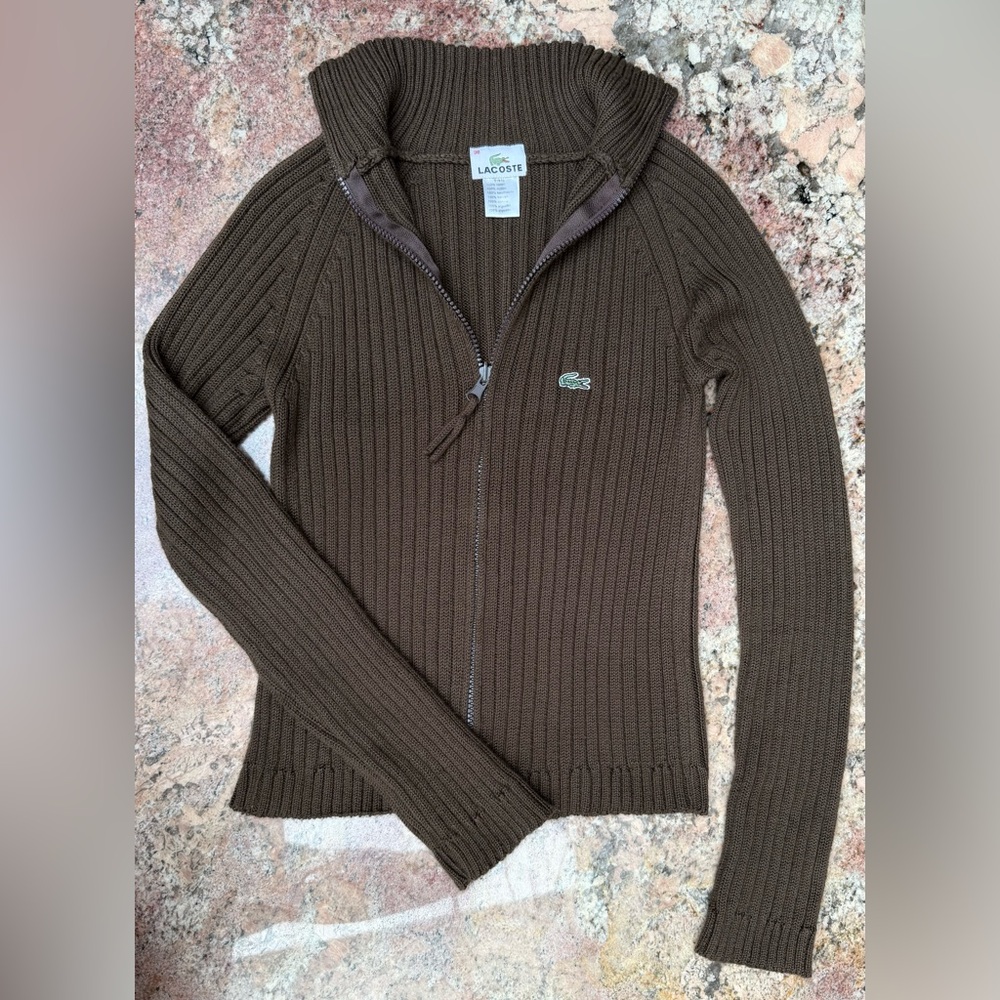 Lacoste Women's Chocolate Brown Ribbed Zip Up Cardigan - Small